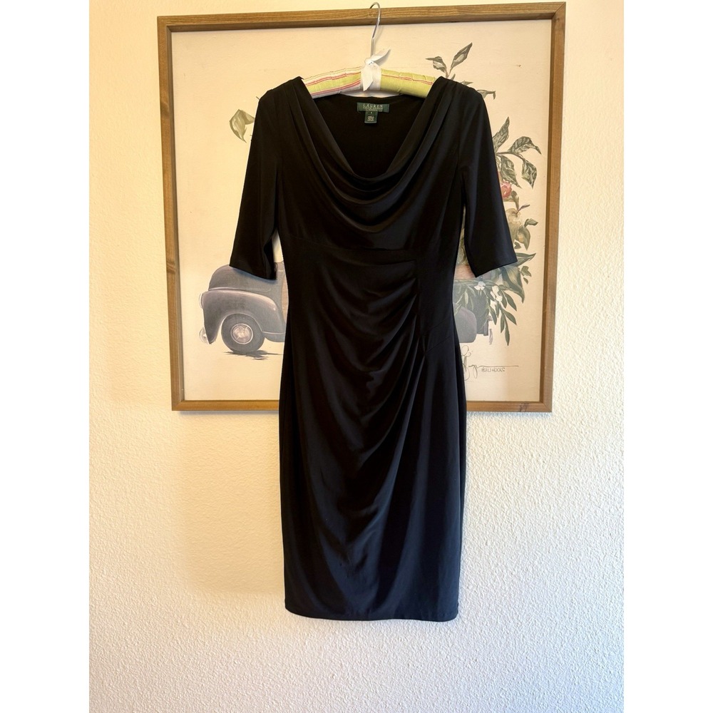 Lauren Ralph Lauren Black Cowl Neck Ruched Sheath Dress Size 2 LBD XS